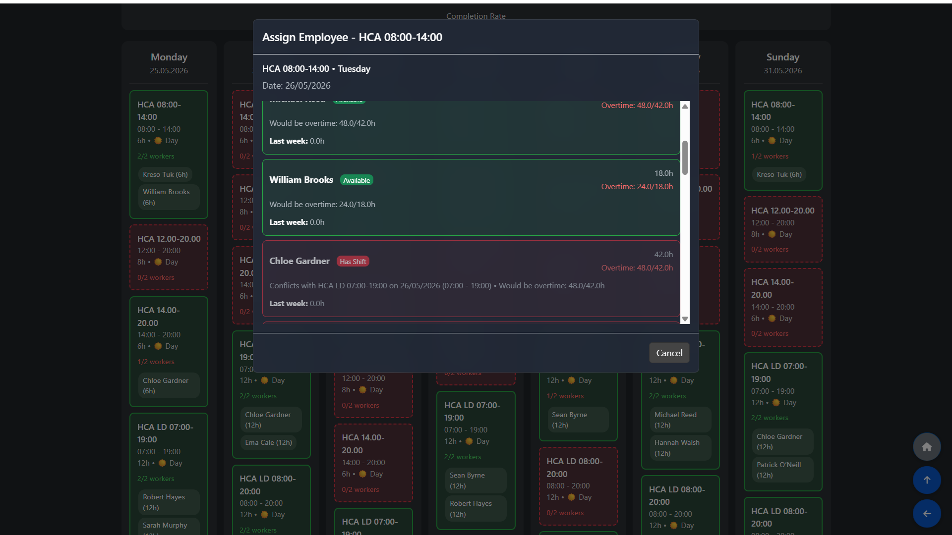 Clicking a Shift to Assign Staff