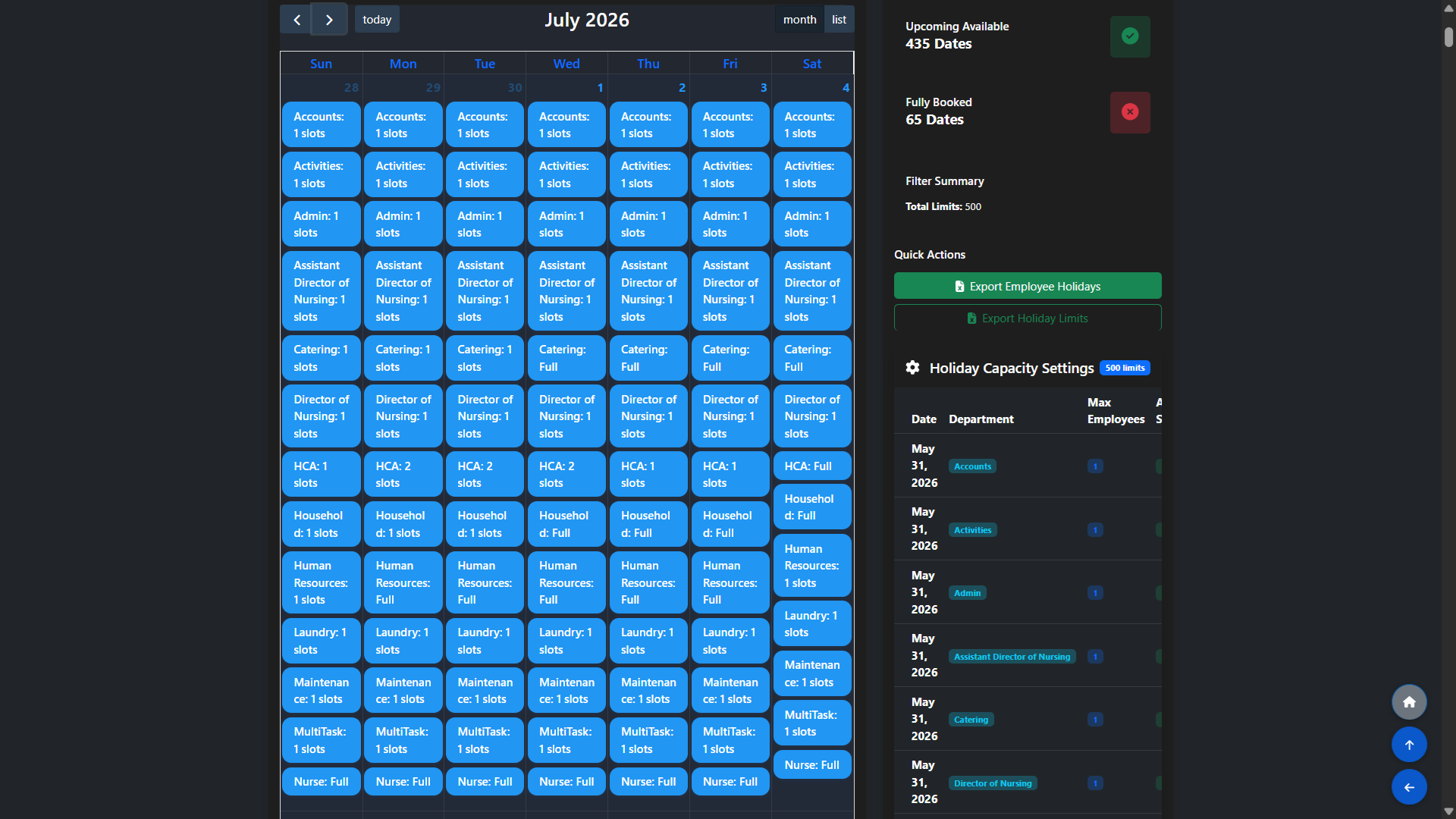 Viewing the Holiday Capacity Calendar