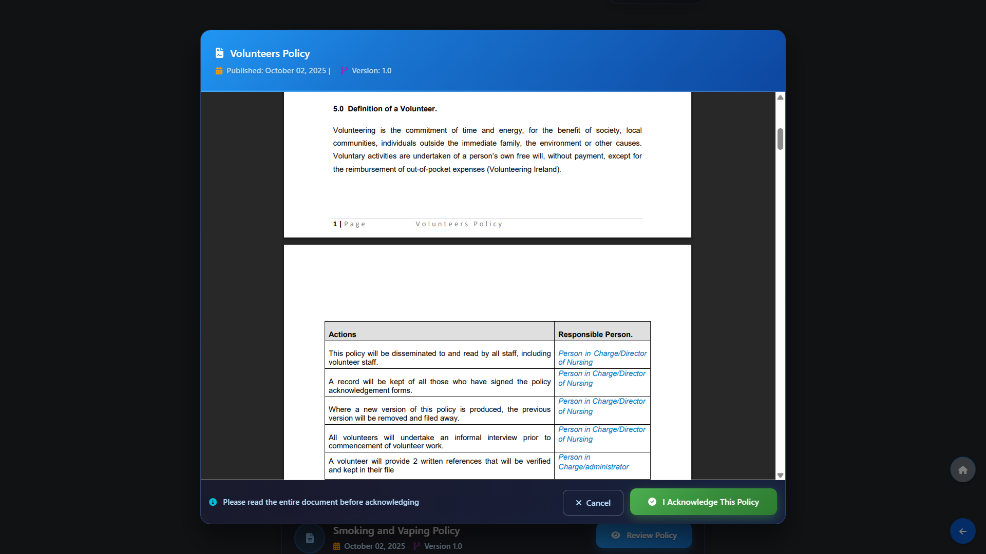 Policy Acknowledgement from the Staff App