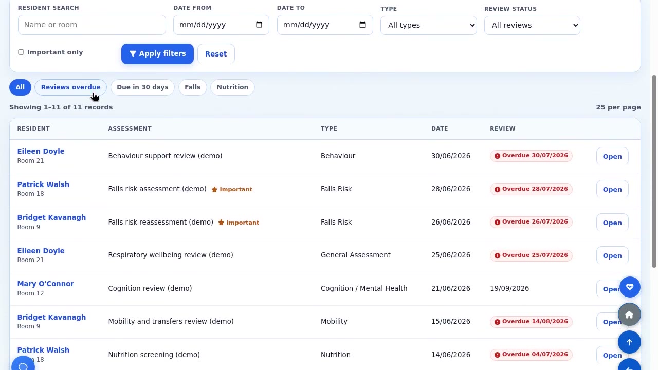 ÁitFoirne Clinical assessments list showing reviews due and overdue items with fictional demonstration data