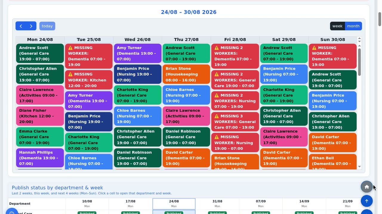 ÁitFoirne weekly staff rota showing colour-coded shifts and missing-worker alerts with fictional demonstration data