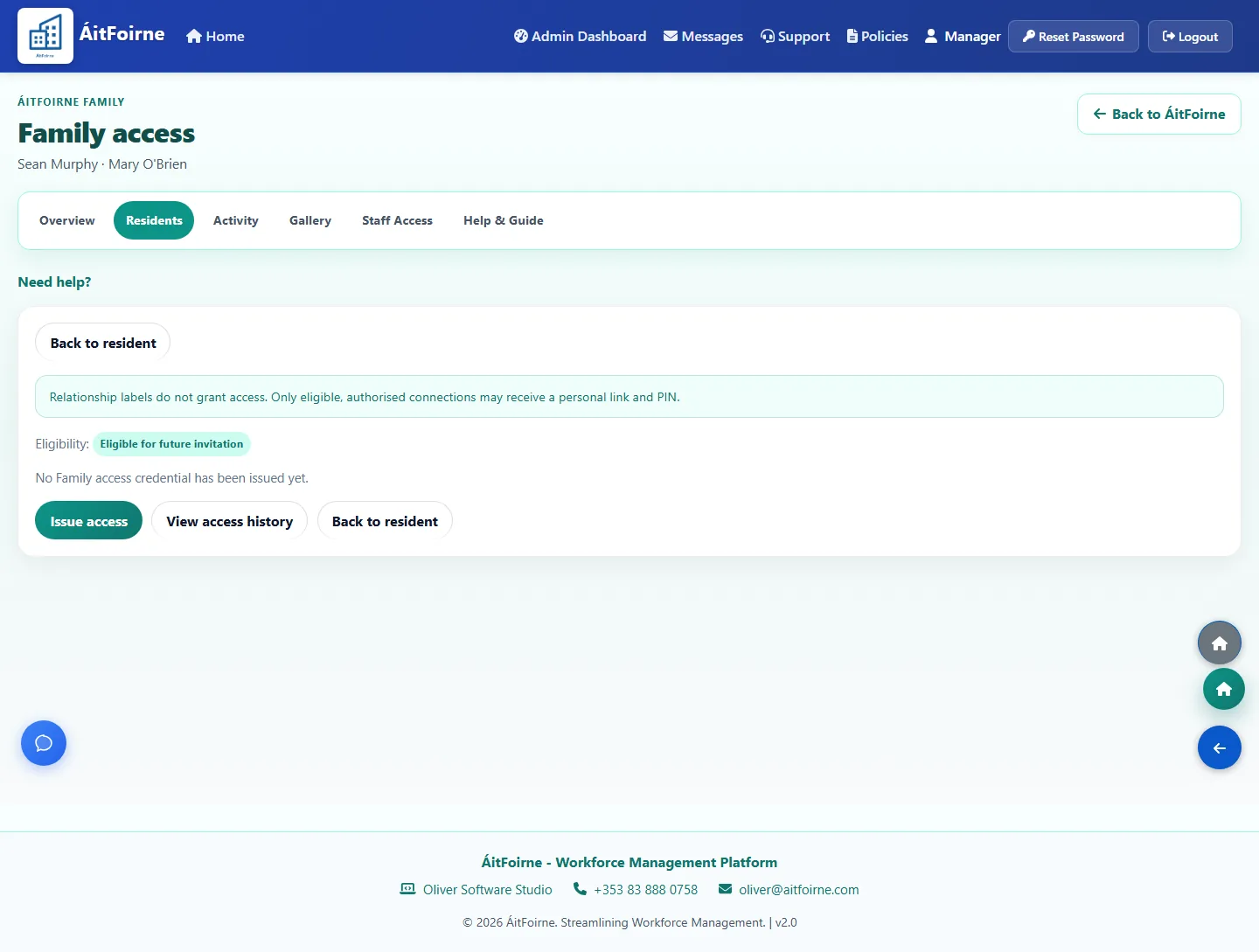 Family access page for Sean Murphy showing eligible status and an Issue access button, with no PIN digits on screen