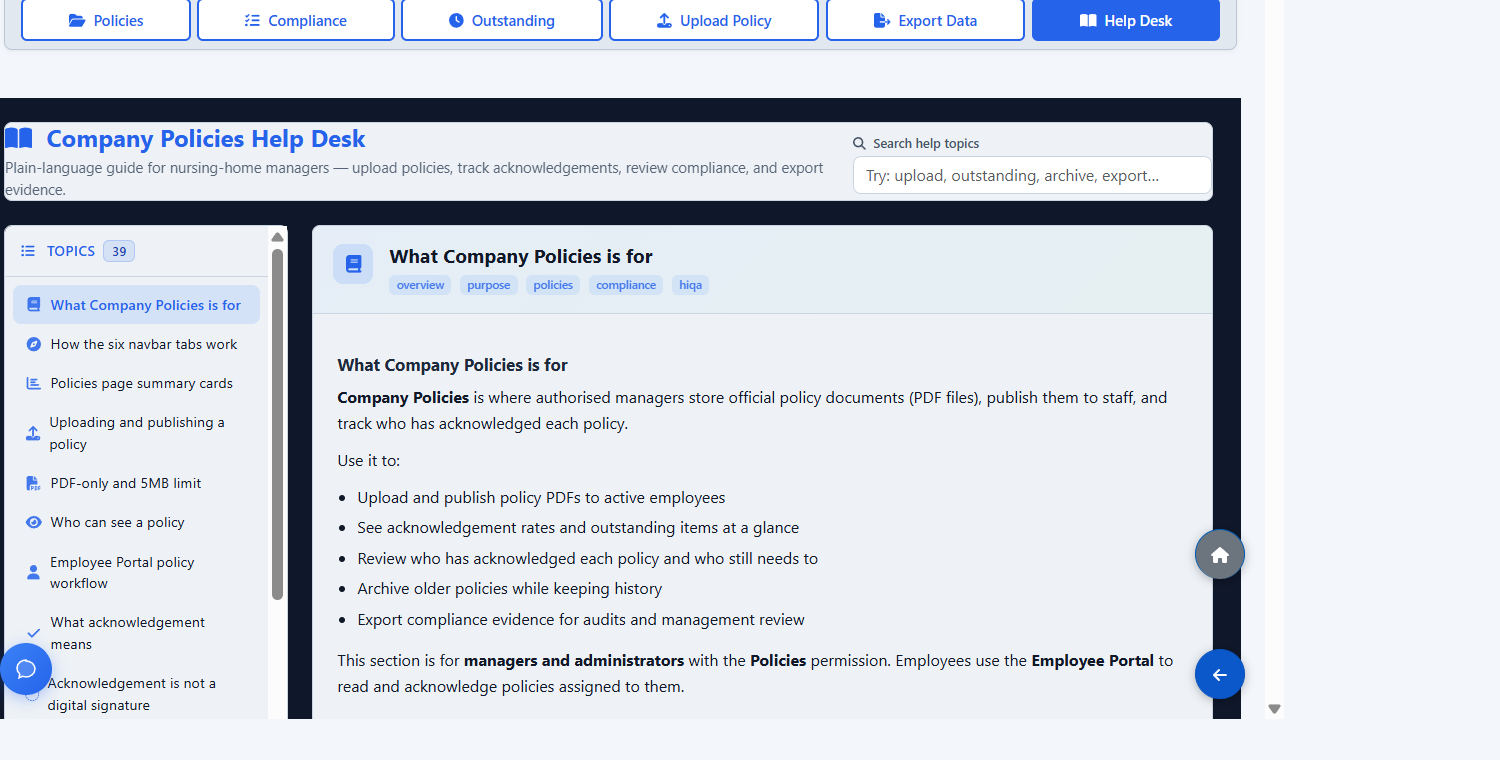Policies Help Desk inside ÁitFoirne explaining how administrators publish and track company policies