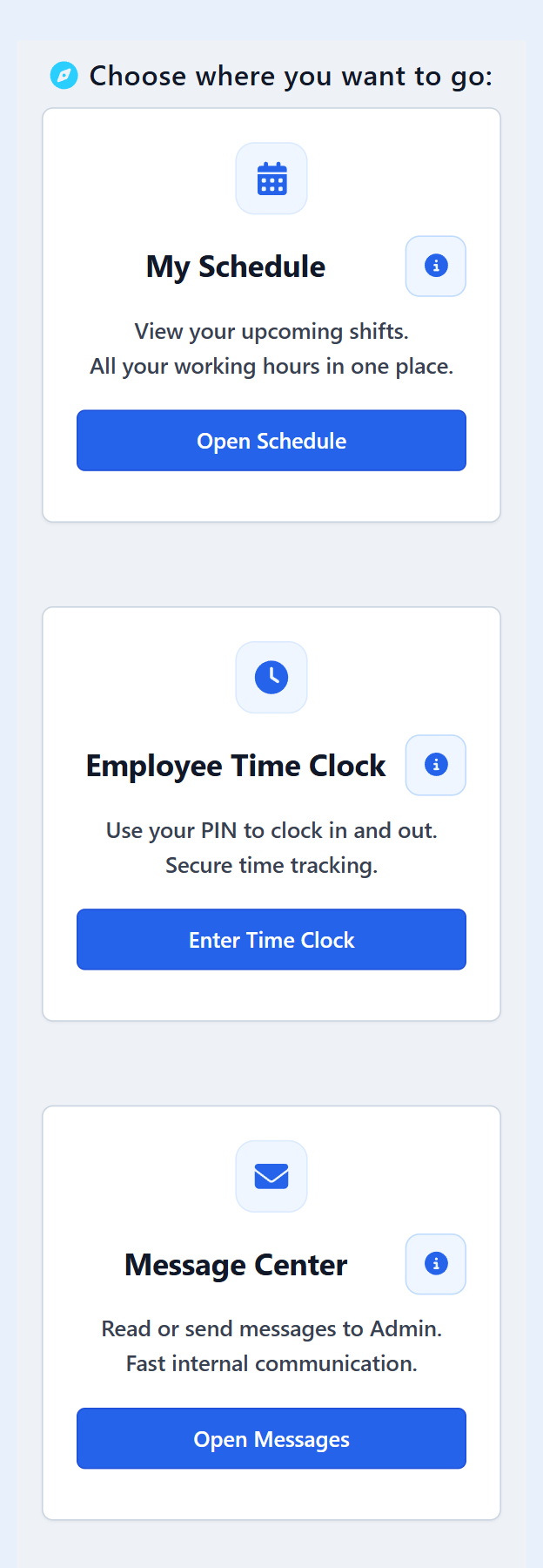 Employee Portal showing updates, schedule, time clock and messages