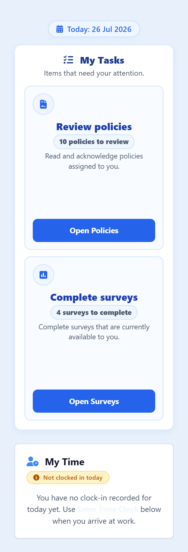 Employee Portal overview showing My Tasks and current time status