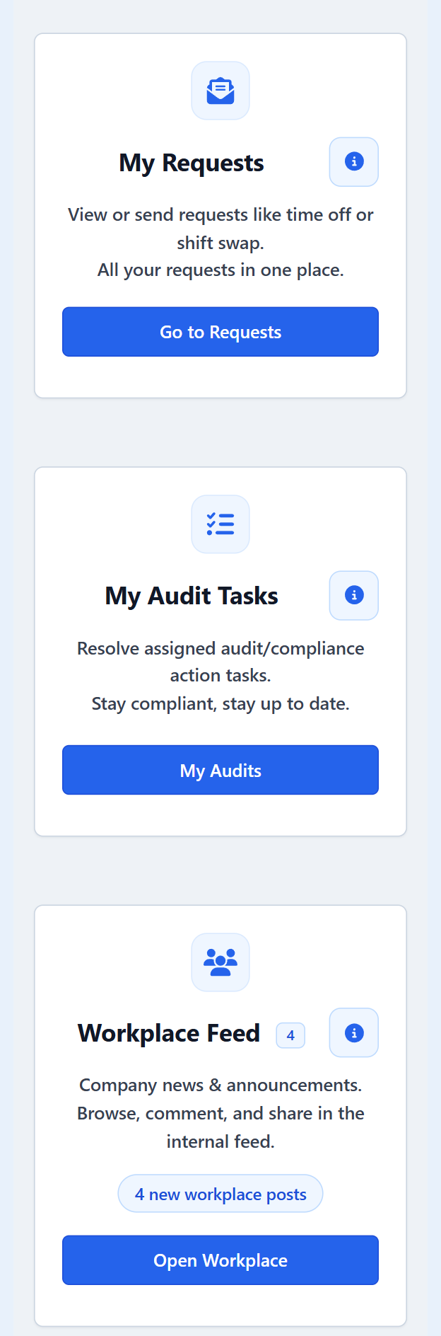 Employee Portal showing surveys, requests, audit tasks and Workplace Feed